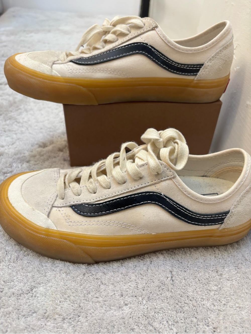 Vans Cream and Black Low-Top Sneakers with Gum Sole
